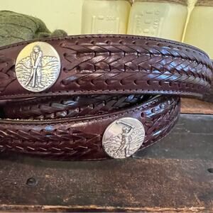 Leather Golf Belt Onyx by Brighton Brown Braided  ith Silver Accents 51 inches